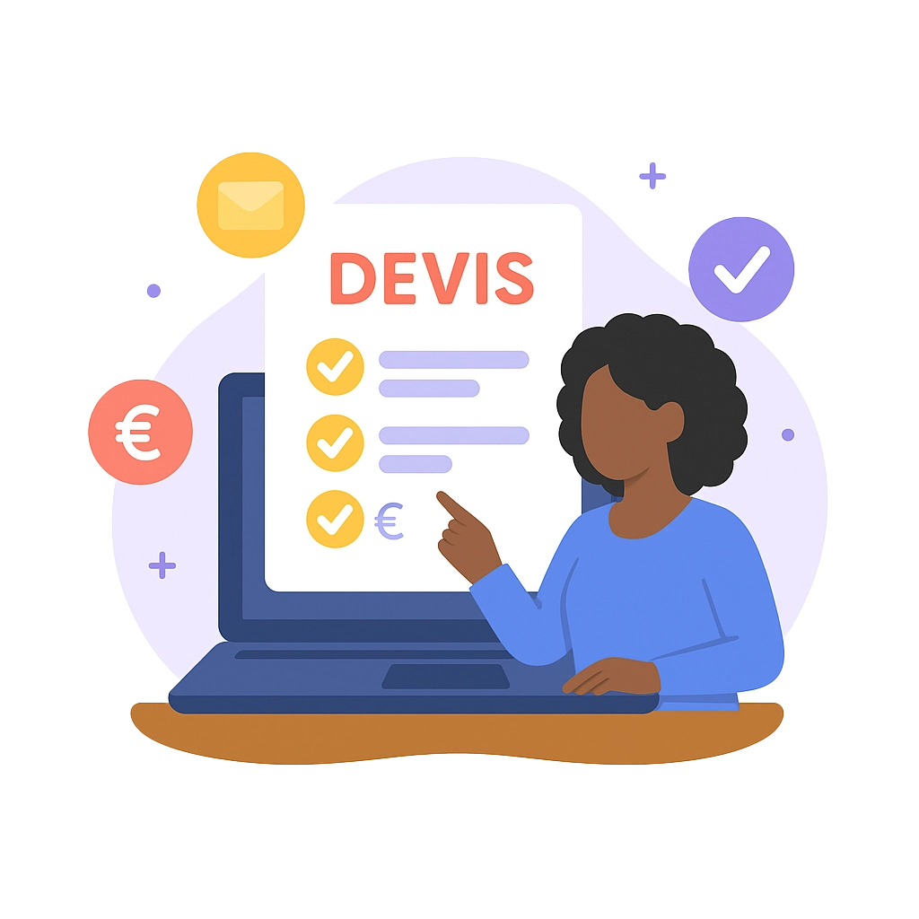 Illustration vectorielle d’une femme afro utilisant un ordinateur portable pour demander un devis en ligne : le document affiché montre le mot “DEVIS” en rouge avec une liste de produits validés par des coches jaunes et un symbole euro, entouré d’icônes d’email et de validation, dans un style moderne et coloré.